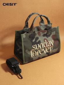 Vintage Handmade Embroidered Letter Camo Print Large Capacity Women Top Handle Zipper Handbag Shoulder Crossbody Bag, Suitable For Outdoor, Fitness, Travel, Overnight, Backpack, Youth, Street, Camo, Fashion, Personalized, Cool, Y2K - 軍綠色 - 查看 2