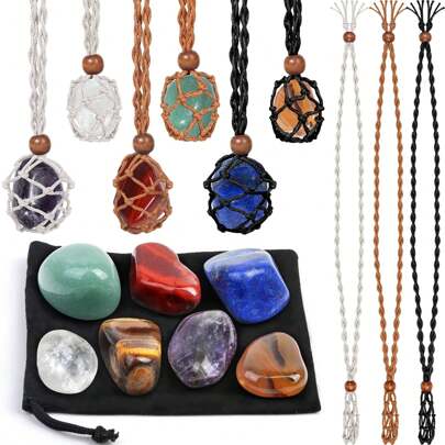 Conjunto de Suportes de Colar de Cristais e Pedras de Cura, 6 Peças de Gaiola de Cristal Ajustável com 7 Cristais de Chakra e Pedras de Cura para Yoga, Meditação, Presente de Joias e Decoração de Casa