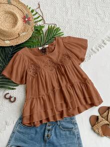 Rusttydustty Minimalist Solid Color Hollow-Out Lace Front Short Sleeve Multi-Layered Hem Women's Shirt Top Summer - Brown - View 3