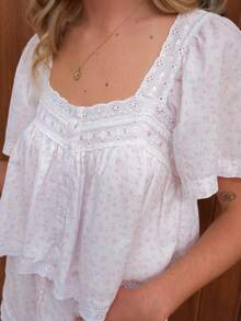 Women Y2k Lace Trim Shirt Babydoll Short Sleeve Ruffle Hem Flowy T Shirts Summer Boho Tops  Going Out Tops Streetwear - 淺粉色 - 查看 5