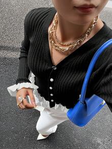 Cárdigan de punto con puños con volantes de color contrastante para mujer, para otoño/invierno, blusas de manga larga de otoño, elegante en color blanco y negro