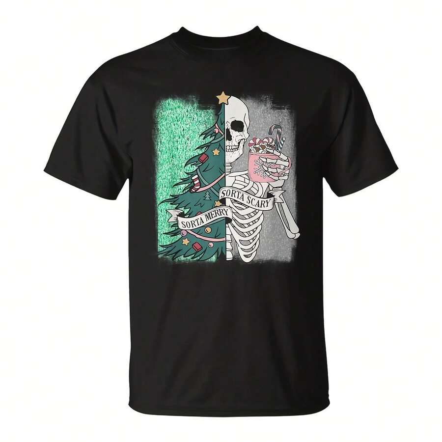 Half Rta Sry Merry Rta Cistmas Skeleton Tree Santa T-Shirt - 黑色3 - 查看 1