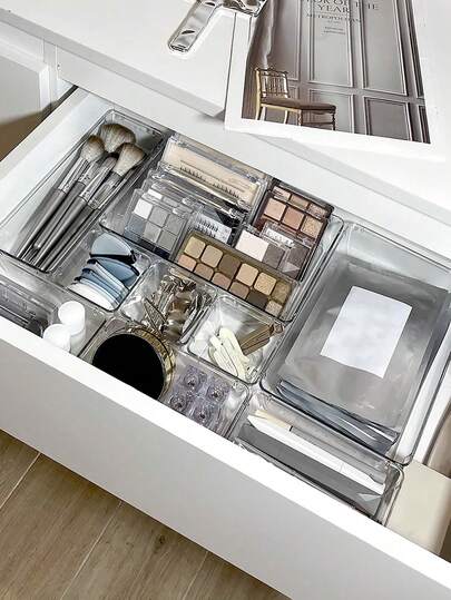 1/4/7/11/16/25 Pcs Drawer Style Makeup Organizer Box Set, Transparent Drawer Storage Boxes, Multi-Size Trays, Multi-Functional Storage Box, Can Store Cosmetics, Clothes, School Supplies, Small Tools And Tableware, Ideal For Vanity, Kitchen, Office Drawers, Great For Women's Organization, Travel, Autumn Decor, And Halloween Decor