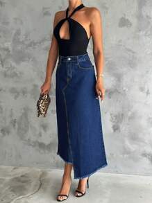 宽松拼布磨边休闲牛仔迷你裙