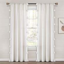 Lush Decor Boho Faux Linen Texture Tassel Rod Pocket Window Curtain Panel Single White/Turquoise 52X84 Halloween-Fall Decor-Room Decor - White/White - View 2