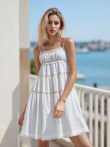 Women Causal Cami Dress Loose Scoop Neck Sleeveless Open Back Tie Short Tiered Ruffle Dress Summer Streetwear - trắng - Xem 2