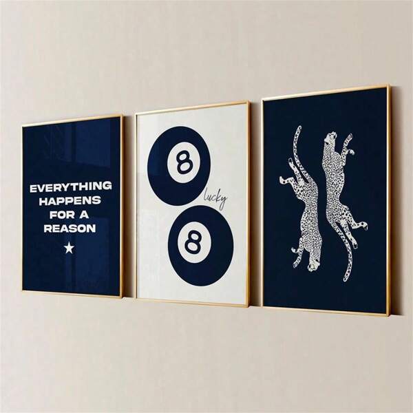 Set Of 3 Unframed Navy Blue 8 Ball Cheetah Wall Art Poster Minimalist Fashion Preppy Art Girly Room Aesthetic Decor Funky Painting For Dorm,Apartment,Living Room,Bedroom,Modern Home Decoration