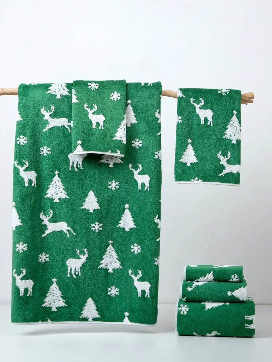 1pc Polyester Green Bath Towel Or Kitchen Hand Towel, Thin, Christmas Theme Pattern, Unisex, All Season, Quick Dry And Absorbent, Suitable For Bathroom, Holiday Gift, School, Outdoor Travel And Home Use