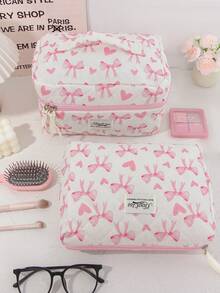 1 Bolsa de Cosméticos Grande com Estampa de Coração Rosa e Laço Acolchoada, Bolsa de Toucador Portátil com Zíper, Bolsa de Armazenamento de Maquiagem Pode Guardar Batom, Pincéis, Produtos de Cuidados com a Pele, Telefones Celulares, Moedas, Pequenos Itens, Adequada para Uso Doméstico, Viagem, Cruzeiro, Férias e Escola, Presentes de Dama de Honra de Casamento, Presentes de Aniversário, Presentes de Festival, Essenciais de Outono Universitários, Bolsa de Viagem de Férias para Mulheres, Bolsa de Maquiagem, Organizador de Maquiagem