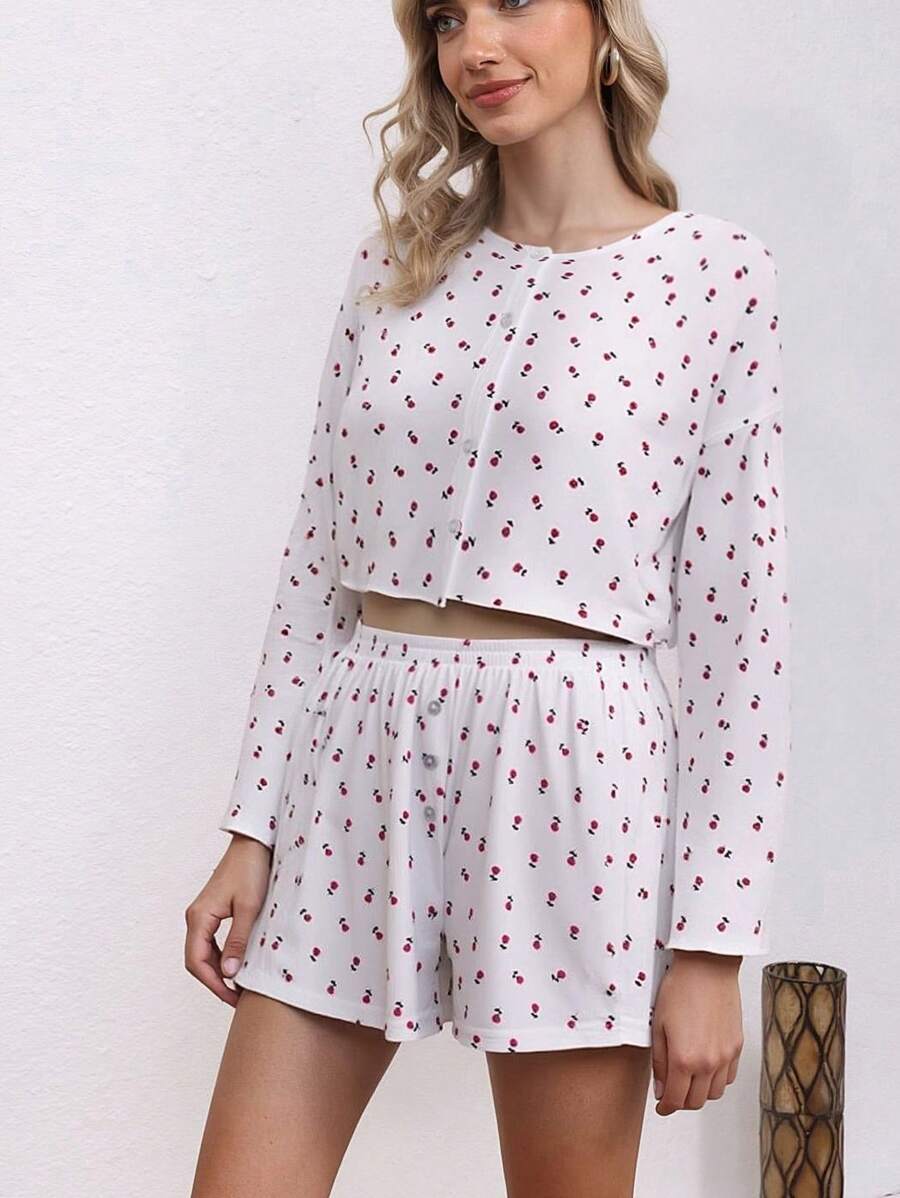 2pcs Set Women Casual Ditsy Floral Long Sleeve Shorts Pajamas, Suitable For Home Wear In Autumn,Two Pieces Set