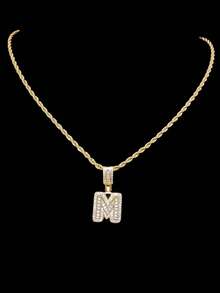 1 件立方氧化锆字母吊坠和 1 件不锈钢扭链，26 个英文字母男女通用流行时尚经典嘻哈复古吊坠项链，适合日常佩戴或派对，情人节礼物 - 金黃色 - 查看 30