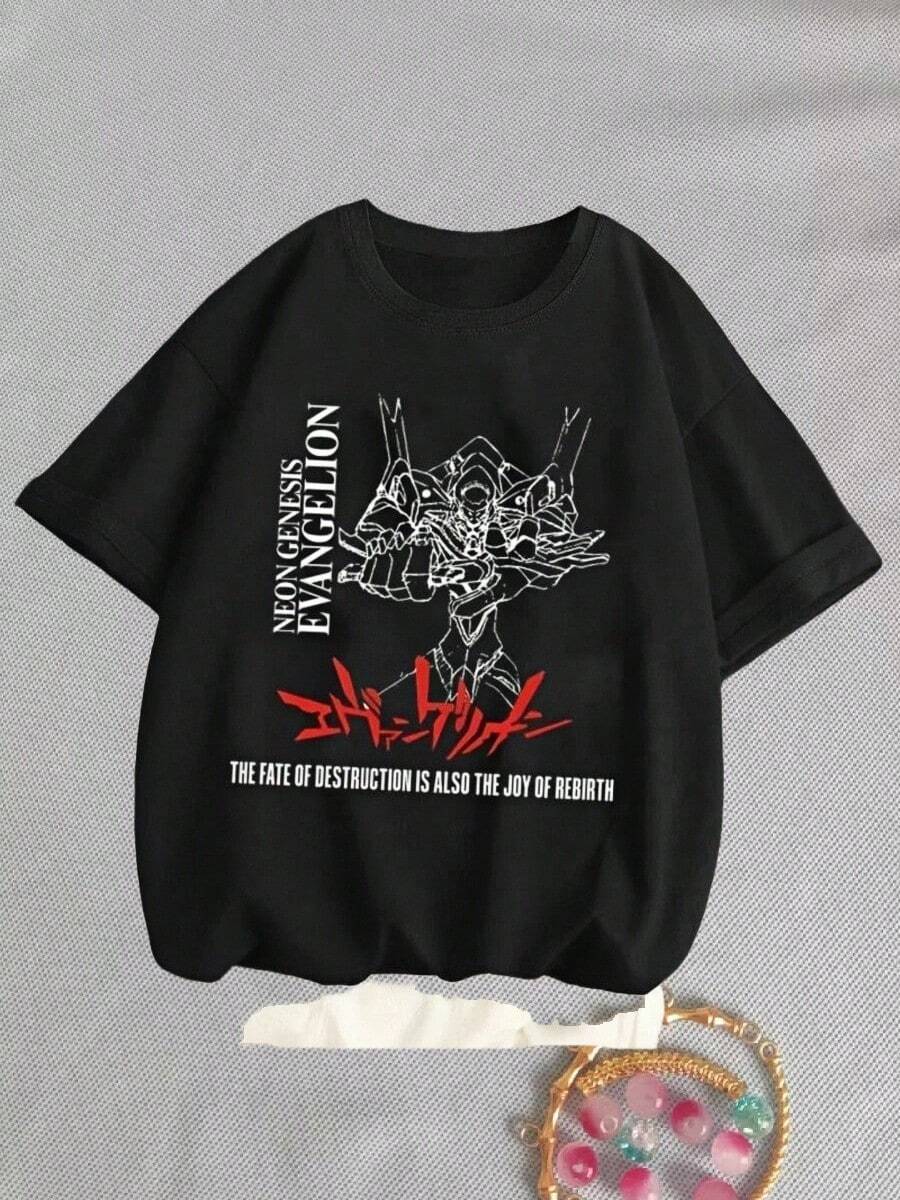 New 2025 Graphic Women T-Shirt Anime New Century-Evangelions Printed Summer Women Casual Short Sleeves Harajuku Streetwear Tops Unisex - 黑色 - 查看 1
