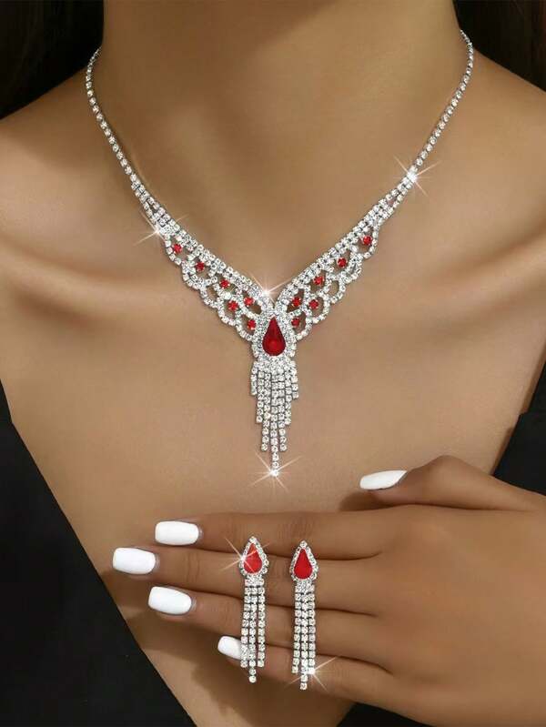 3pcs Bridal Jewelry Set: Rhinestone Tassel Waterdrop Crystal Earrings & Necklace