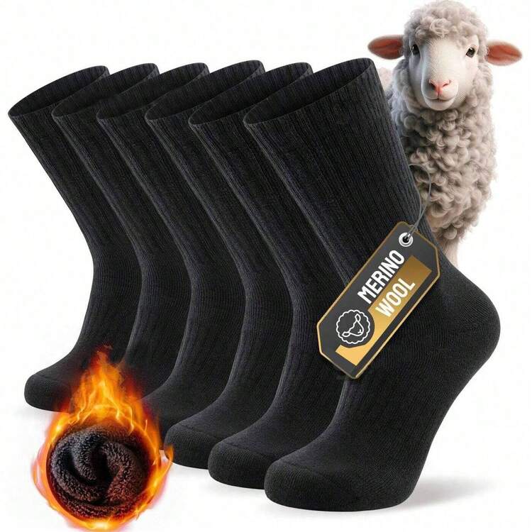 1 Pair Warm Socks, Premium Merino Wool Socks, Winter Warm Socks, Unisex Outdoor Walking Socks, Thick Warm Mid-Calf Socks, Suitable For Work, Walking, Hiking, Running, Skiing And Outdoor Activities - Black - View 1