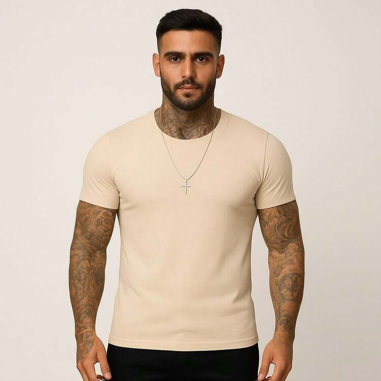 Men's 100% Ribbed T-Shirt - 米色 - 查看 1