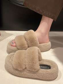 2025新款女士冬季热销厚底高跟毛绒拖鞋户外穿秋季新款仙女风短款女童休闲增高厚底拖鞋居家/办公室拖鞋尺码34-42 - 卡其色 - 查看 1