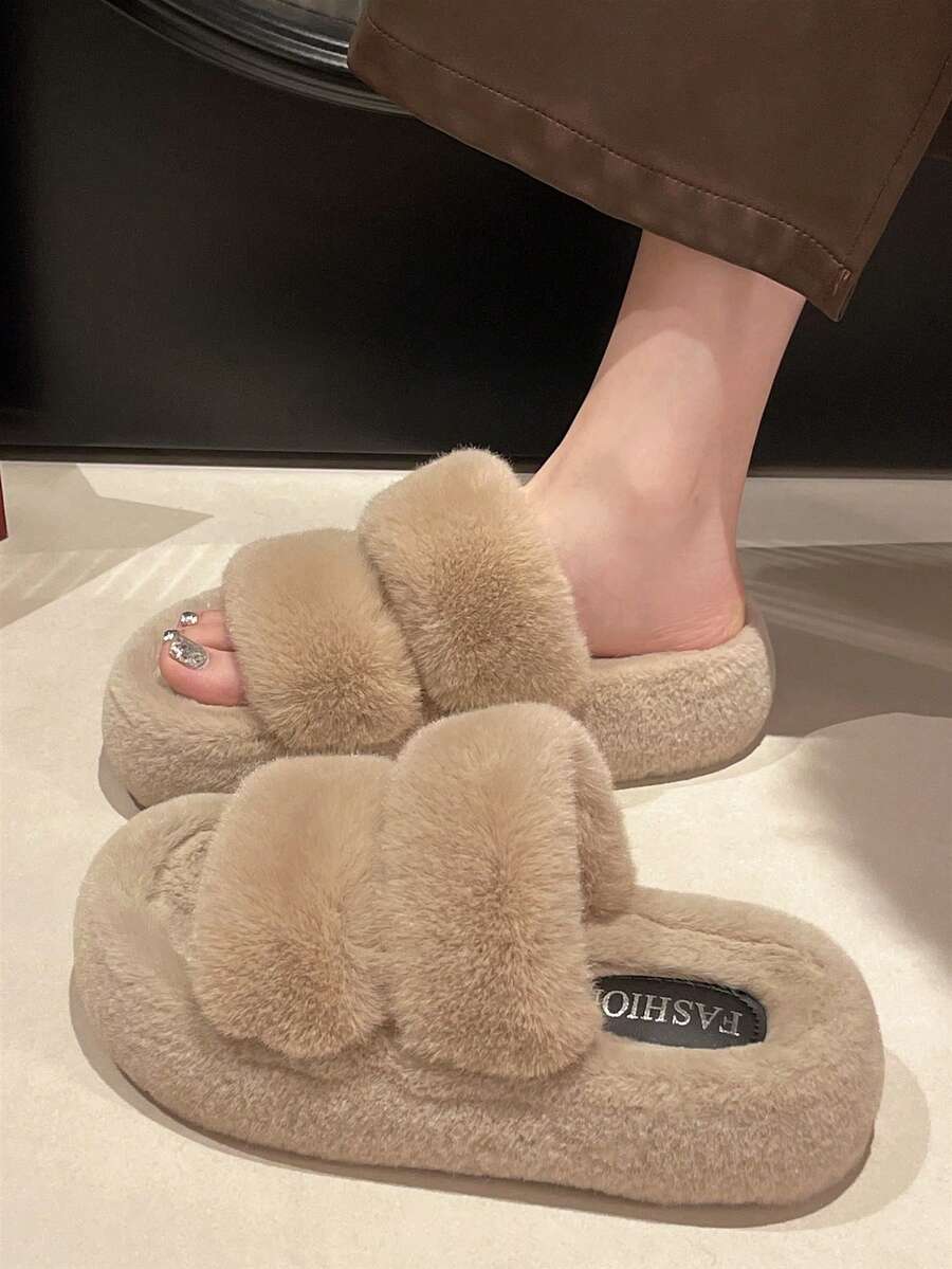 2025新款女士冬季热销厚底高跟毛绒拖鞋户外穿秋季新款仙女风短款女童休闲增高厚底拖鞋居家/办公室拖鞋尺码34-42 - 卡其色 - 查看 1