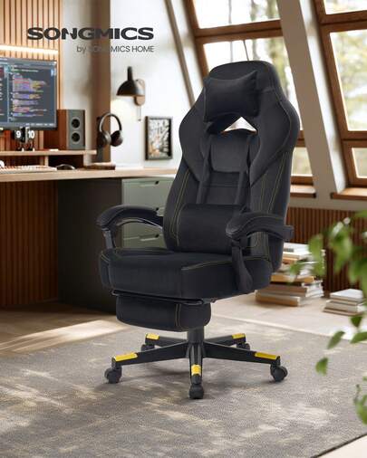 SONGMICS Gaming-Stuhl, Bürostuhl, Computerstuhl, ergonomisches Design, mit Fußstütze, verstellbares Kopfkissen, Lendenkissen, Tragkraft 150 kg, tintenschwarz