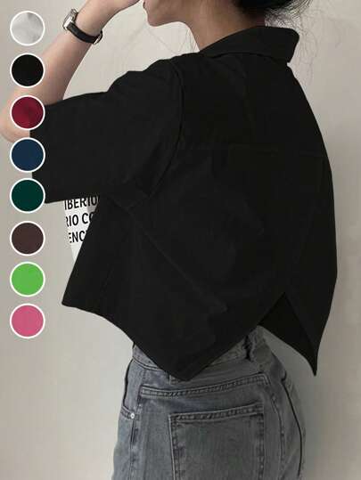 Women Casual Asymmetric Button Down Shirt,Short Sleeve Tops