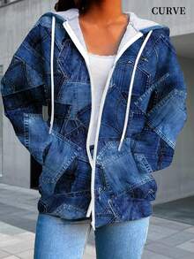 Plus Women's Printed Pocket Hooded Drawstring Jacket - Blue - View 1