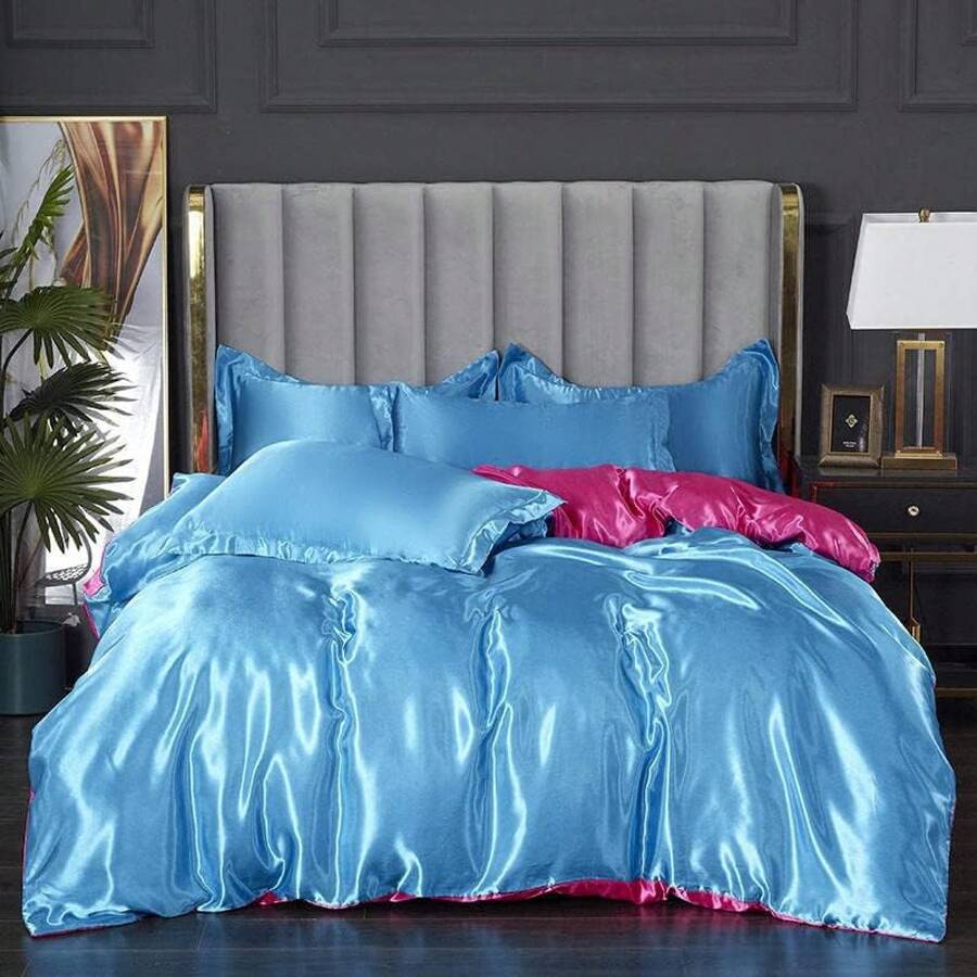 Full Satin Bedding Set In Wine Red, Silk - Like, Luxury Soft Burgundy Comforter Cover, Chic Bedroom Decor, Zippered (1 Duvet Cover + 2 Pillow Cases) - 多色 17 - 查看 1