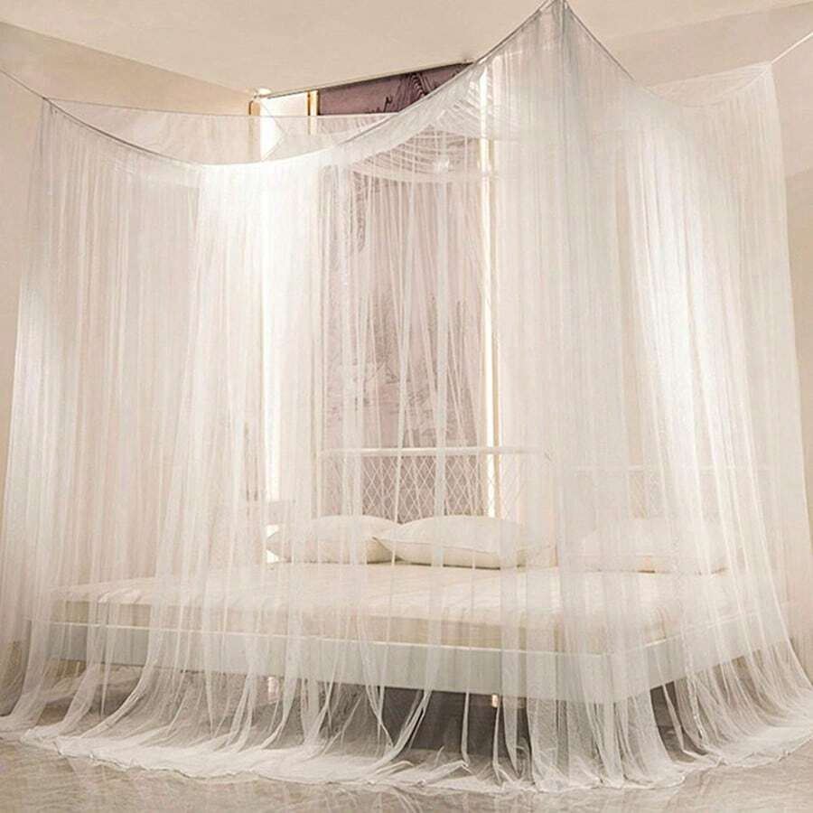1pc 190*210*240cm Pure Colour Simple Style Home Bedroom Romantic Quadruple Mosquito Net For Home Daily Bedroom, Courtyard, Outdoor, Garden Anti-Mosquito Mosquito Nets Bedspreads With Hooks*4+Anchor*4+8m Rope, Easy To Install, For Various Size - 白色 - 查看 1