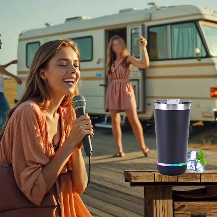 Taza de acero inoxidable aislada con altavoz inalámbrico, forma ovalada, antideslizante, reutilizable, multifuncional, carga USB, batería de litio integrada, solo lavado a mano - Ideal para cumpleaños y adultos - Negro - Añade 7