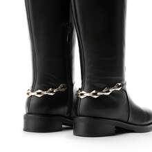 Women's Flat Round Toe Knee High Boots Low Block Heel Side Zipper Boots Fashionable Comfortable Chain Decorated Boots For Fall And Winter - 黑色 - 查看 7