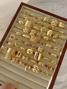 6/14/15/25 chiếc nhẫn kim loại hình trái tim giọt nước hình tròn trơn không đối xứng nhiều lớp tối giản, thiết kế cổ điển thanh lịch, thích hợp cho ngày lễ, tiệc tùng, hẹn hò, làm quà tặng, đeo hàng ngày - Vàng - Xem 16