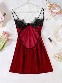 全新天鹅绒设计蕾丝拼布开衩性感内衣吊带睡衣 - 酒紅色 - 查看 7