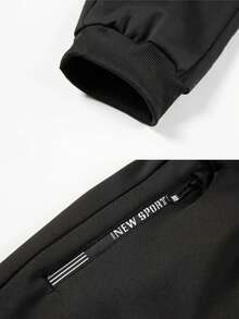 男士秋冬季保暖内衬弹力腰带慢跑裤，透气休闲运动裤 - 黑色 - 查看 4