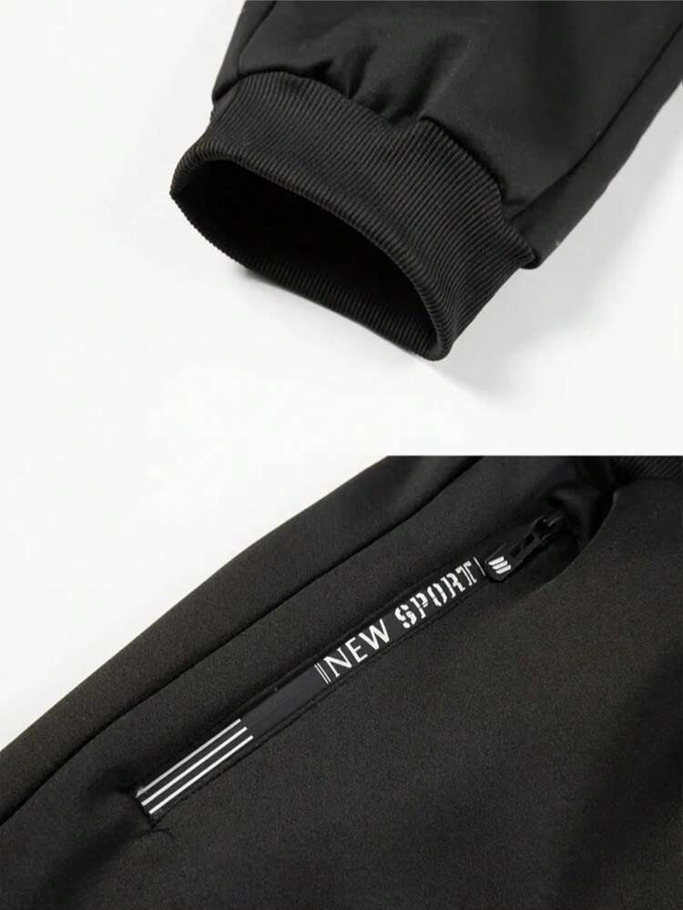 男士秋冬季保暖内衬弹力腰带慢跑裤，透气休闲运动裤 - 黑色 - 查看 4