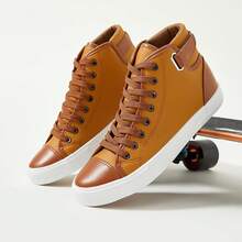 Men White High Top Sneakers For Casual Black Pu Leather Fashion Shoes For Men - màu nâu - Xem 4