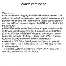 VAORLO Carte réseau sans fil USB double bande 2,4 GHz 5,8 GHz USB 3.0 haute vitesse. Adaptateur Wi-Fi USB 1300 Mbps avec 4 antennes. Récepteur Wi-Fi sans fil convenant pour le bureau et l'ordinateur portable. Aucun pilote nécessaire. Connexion multi-point avec signal fort, compatible avec Windows XP/7/8/8.1/10/11