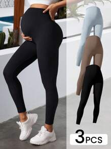 3件套女士纯色高腰弹力日常休闲孕妇裤，女士服装，女士孕妇裤