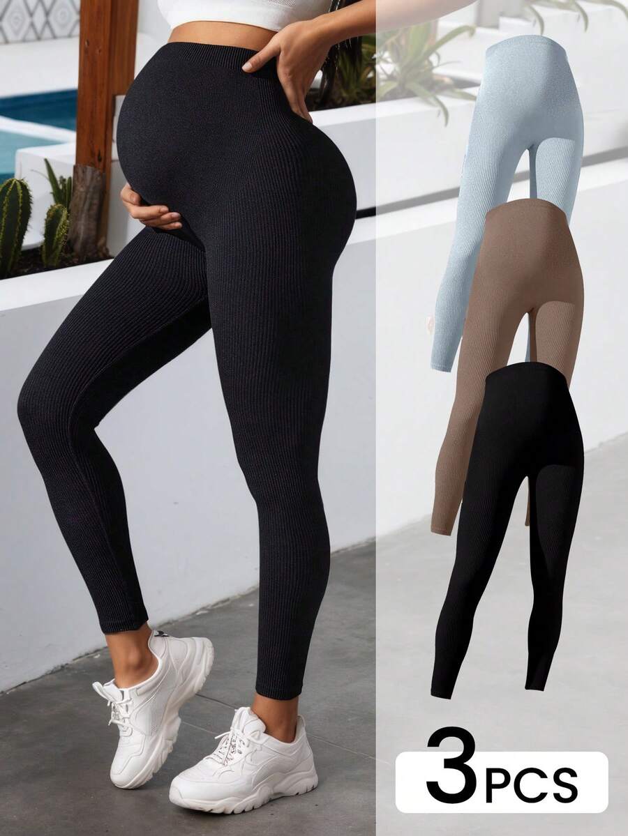 3件套女士纯色高腰弹力日常休闲孕妇裤，女士服装，女士孕妇裤