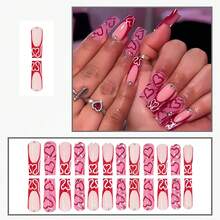 Valentine Pink Press On Long Square Fake Nails: French Tip, False With Heart Designs, Sparkly Artificial, Cute Stick On Nails (24Pcs) - 長款-C5C39 - 查看 6