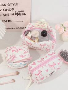 1 Bolsa de Cosméticos Grande com Estampa de Coração Rosa e Laço Acolchoada, Bolsa de Toucador Portátil com Zíper, Bolsa de Armazenamento de Maquiagem Pode Guardar Batom, Pincéis, Produtos de Cuidados com a Pele, Telefones Celulares, Moedas, Pequenos Itens, Adequada para Uso Doméstico, Viagem, Cruzeiro, Férias e Escola, Presentes de Dama de Honra de Casamento, Presentes de Aniversário, Presentes de Festival, Essenciais de Outono Universitários, Bolsa de Viagem de Férias para Mulheres, Bolsa de Maquiagem, Organizador de Maquiagem