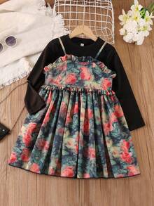 2pcs Girls Spring/Autumn Outfit, Long Sleeve T-Shirt & Floral Print Dress Set
