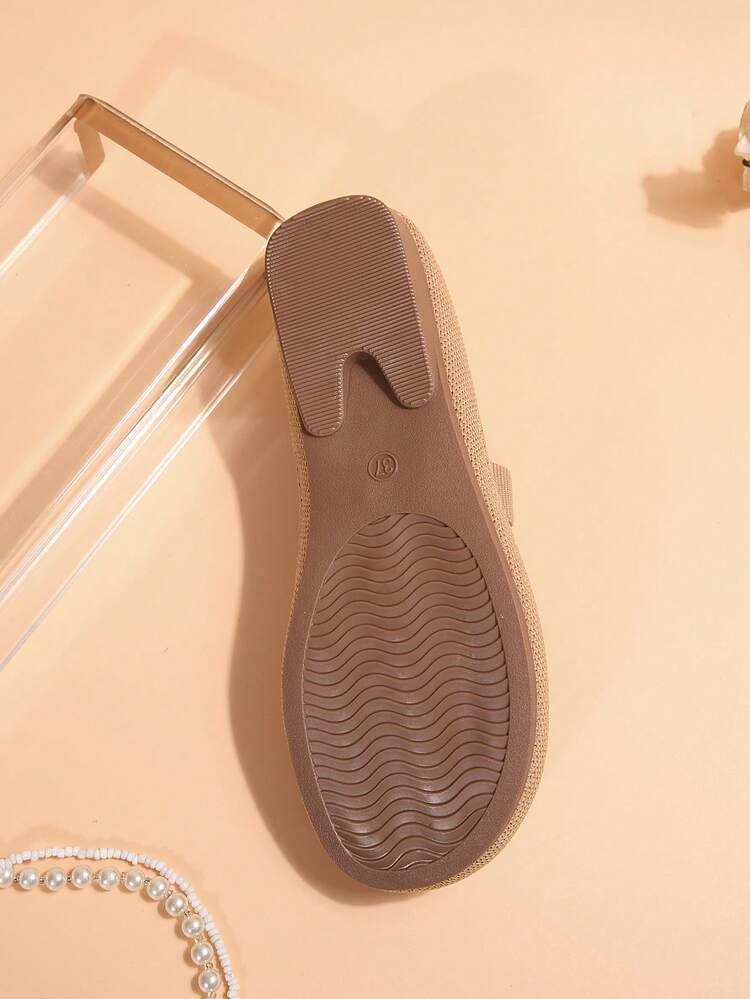 2025年秋季女士四季针织玛丽珍平底鞋，纯色一脚蹬圆头鞋，织物鞋面和衬里，橡胶鞋底，可机洗 - 杏色 - 查看 9