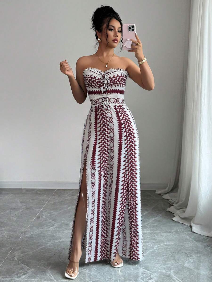 Bộ jumpsuit nữ kiểu dáng thanh lịch, hở lưng, buộc dây, phong cách Bohemian, phù hợp cho đi biển, nghỉ mát, du lịch, mùa hè và mùa tựu trường. - Đỏ và trắng - Xem 1