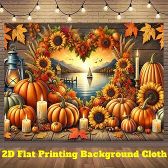 1pc,2D Flat Autumn Harvest Banner Background - Pumpkin Sunflower Lake Mountain Photography Set - Orange Yellow Brown Thanksgiving Halloween Christmas Decoration - For Party Wedding Home Decor, Season Celebration, Country Style, Decorative Cloth, Holiday Lovers