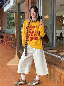 女士红色字母印花长袖 T 恤，休闲街头风格宽松棉质上衣，秋季 - 黃色 - 查看 5