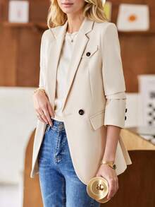 杏色女士西装外套，时尚设计，2025春秋新款休闲时尚优雅西装上衣 - 杏色 - 查看 3