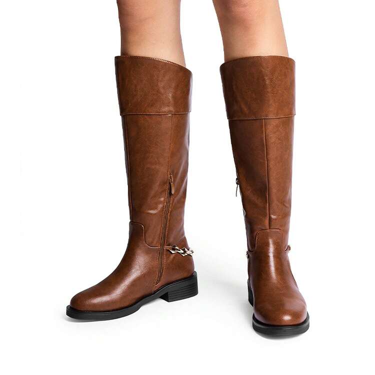 Women's Flat Round Toe Knee High Boots Low Block Heel Side Zipper Boots Fashionable Comfortable Chain Decorated Boots For Fall And Winter - màu nâu - Xem 8