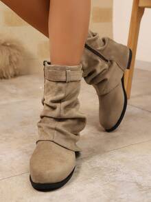 2025 Western Ruched Ankle Boots For Women, Autumn/Winter Vintage Cowboy Riding Boots With Buckle, Holiday Style