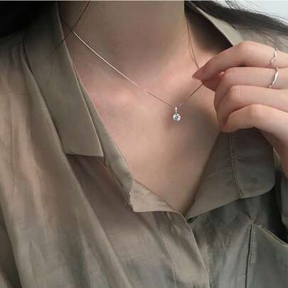 1pc Copper Alloy Minimalist Single Diamond Necklace, Suitable For Daily Wear
