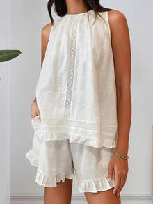 Women's Summer Shorts Outfit Loose Fit Stylish Solid Ruffled Trim Sleeveless Tops And Shorts 2 Pcs Set - 白色 - 查看 2