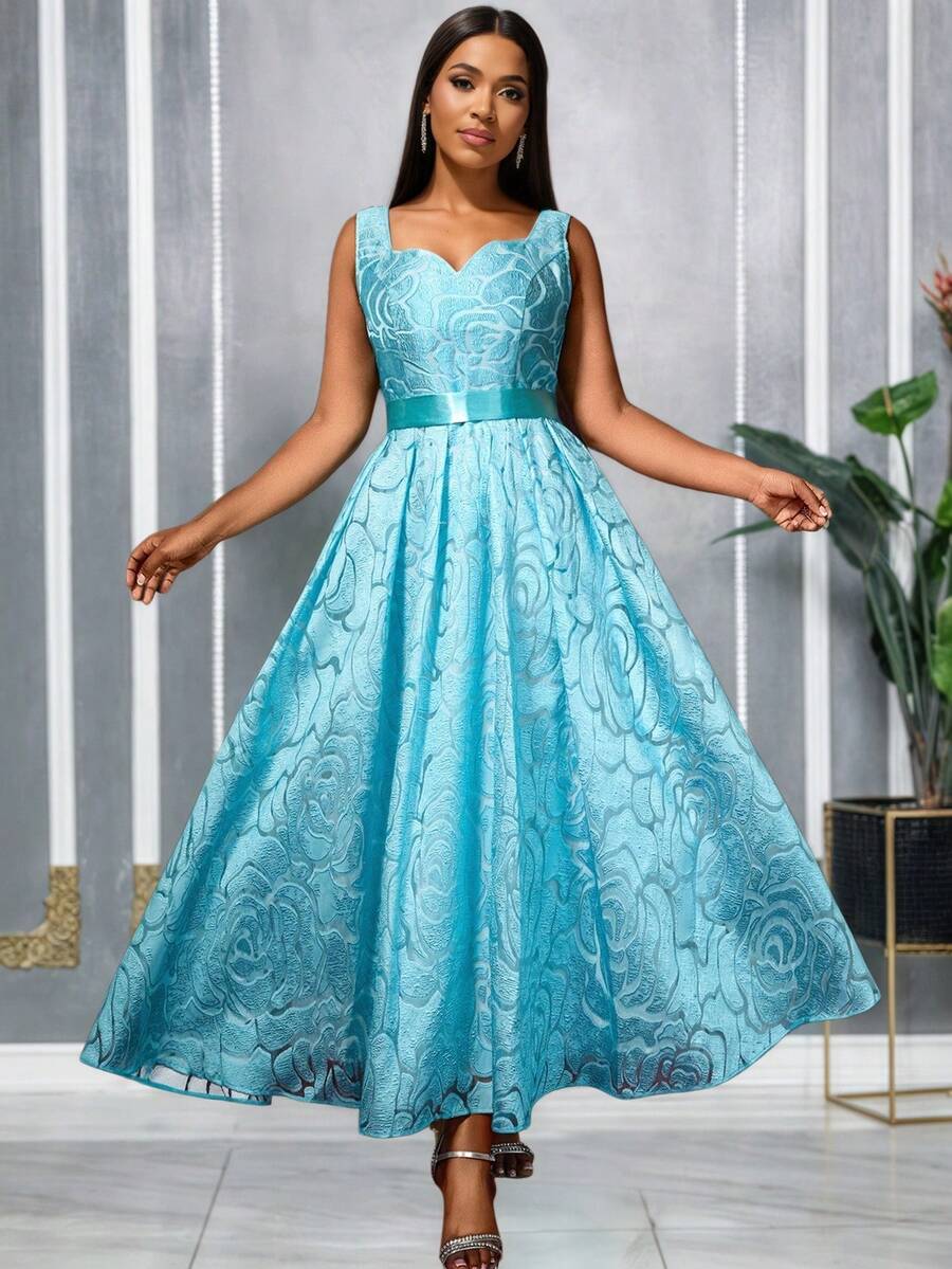 AOMEI hellblaues elegantes Damen Kleid mit quadratischem Ausschnitt, ärmellos, Spaghettiträger, Blumen Jacquard, tailliert und ausgestellt, Cocktail Party Kleid