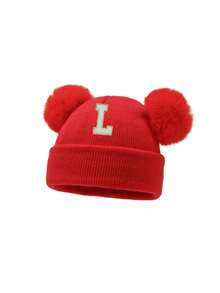 1顶新生儿婴儿26字母针织帽，弹性材质，适合秋冬季节，女婴配饰，儿童针织帽 - 紅色 - 查看 6